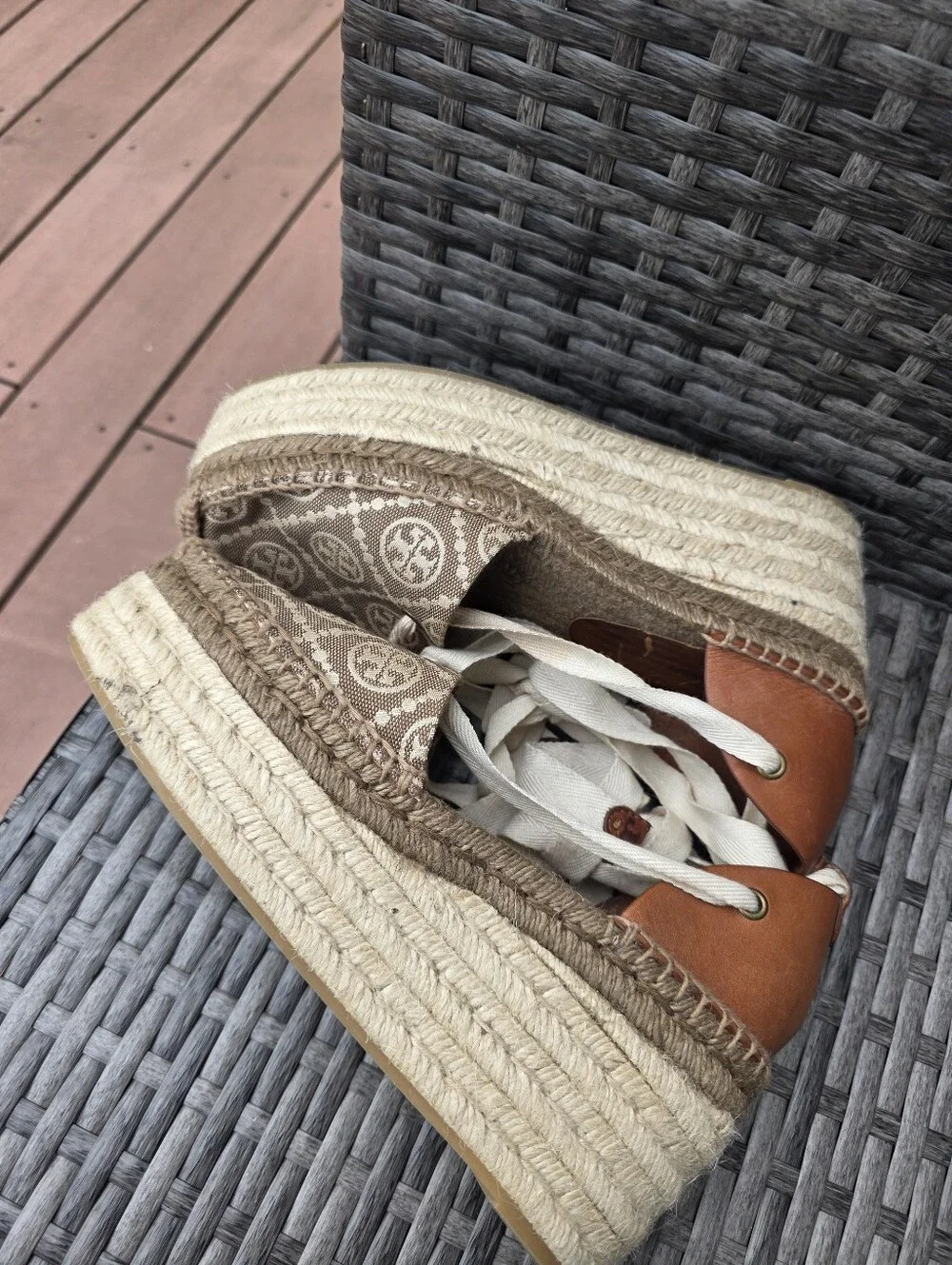Tory Burch T-Monogram Espadrille Wedge Platform Ankle Tie Logo Brown Canvas Sz 8